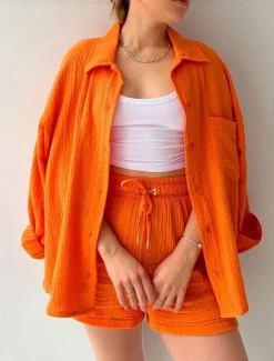 New Women's Elegant Fashion Streetwear Shirt Blouse Baggy Shorts Long Sleeve Shirt Collar Solid Color Ruched Outdoor Work Casual Orange Green Khaki Summer Loose Fit Women Two Piece Sets