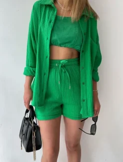 New Women's Elegant Fashion Streetwear Shirt Blouse Baggy Shorts Long Sleeve Shirt Collar Solid Color Ruched Outdoor Work Casual Orange Green Khaki Summer Loose Fit Women Two Piece Sets
