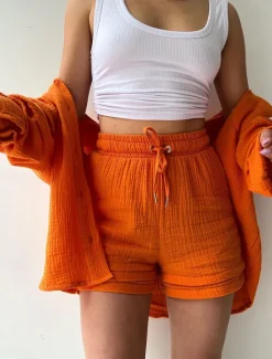 New Women's Elegant Fashion Streetwear Shirt Blouse Baggy Shorts Long Sleeve Shirt Collar Solid Color Ruched Outdoor Work Casual Orange Green Khaki Summer Loose Fit Women Two Piece Sets