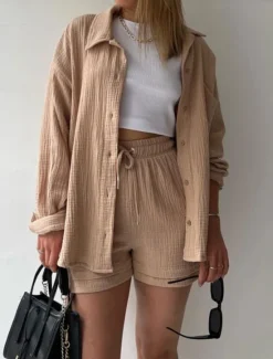 New Women's Elegant Fashion Streetwear Shirt Blouse Baggy Shorts Long Sleeve Shirt Collar Solid Color Ruched Outdoor Work Casual Orange Green Khaki Summer Loose Fit Women Two Piece Sets