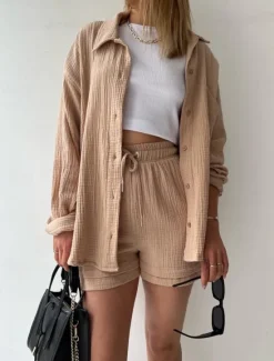 New Women's Elegant Fashion Streetwear Shirt Blouse Baggy Shorts Long Sleeve Shirt Collar Solid Color Ruched Outdoor Work Casual Orange Green Khaki Summer Loose Fit Women Two Piece Sets