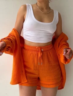 New Women's Elegant Fashion Streetwear Shirt Blouse Baggy Shorts Long Sleeve Shirt Collar Solid Color Ruched Outdoor Work Casual Orange Green Khaki Summer Loose Fit Women Two Piece Sets