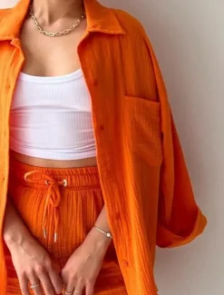 New Women's Elegant Fashion Streetwear Shirt Blouse Baggy Shorts Long Sleeve Shirt Collar Solid Color Ruched Outdoor Work Casual Orange Green Khaki Summer Loose Fit Women Two Piece Sets