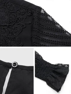 Clearance Women's Elegant Lace Tops Eyelet Blouse Casual Solid Color Regular Tops Long Sleeve Crew Neck Lace Patchwork Regular Fit Daily Romantic Petite Tops Summer Holiday Wear Women Lace Tops