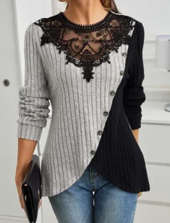 Women's Elegant Lace Tops Eyelet Blouse Stylish Modern Lace Long Sleeve Regular Tops Crew Neck Work Daily Romantic Petite Tops Summer Holiday Wear Black Spring Fall Winter Women Lace Tops