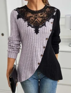 Women's Elegant Lace Tops Eyelet Blouse Stylish Modern Lace Long Sleeve Regular Tops Crew Neck Work Daily Romantic Petite Tops Summer Holiday Wear Black Spring Fall Winter Women Lace Tops