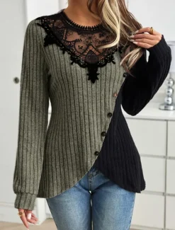 Women's Elegant Lace Tops Eyelet Blouse Stylish Modern Lace Long Sleeve Regular Tops Crew Neck Work Daily Romantic Petite Tops Summer Holiday Wear Black Spring Fall Winter Women Lace Tops