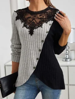 Women's Elegant Lace Tops Eyelet Blouse Stylish Modern Lace Long Sleeve Regular Tops Crew Neck Work Daily Romantic Petite Tops Summer Holiday Wear Black Spring Fall Winter Women Lace Tops