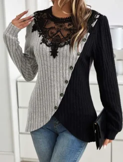 Women's Elegant Lace Tops Eyelet Blouse Stylish Modern Lace Long Sleeve Regular Tops Crew Neck Work Daily Romantic Petite Tops Summer Holiday Wear Black Spring Fall Winter Women Lace Tops