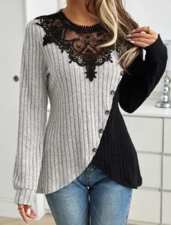 Women's Elegant Lace Tops Eyelet Blouse Stylish Modern Lace Long Sleeve Regular Tops Crew Neck Work Daily Romantic Petite Tops Summer Holiday Wear Black Spring Fall Winter Women Lace Tops