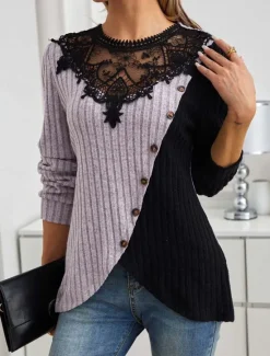Women's Elegant Lace Tops Eyelet Blouse Stylish Modern Lace Long Sleeve Regular Tops Crew Neck Work Daily Romantic Petite Tops Summer Holiday Wear Black Spring Fall Winter Women Lace Tops