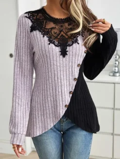 Women's Elegant Lace Tops Eyelet Blouse Stylish Modern Lace Long Sleeve Regular Tops Crew Neck Work Daily Romantic Petite Tops Summer Holiday Wear Black Spring Fall Winter Women Lace Tops