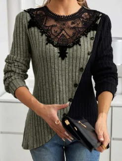 Women's Elegant Lace Tops Eyelet Blouse Stylish Modern Lace Long Sleeve Regular Tops Crew Neck Work Daily Romantic Petite Tops Summer Holiday Wear Black Spring Fall Winter Women Lace Tops