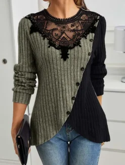 Women's Elegant Lace Tops Eyelet Blouse Stylish Modern Lace Long Sleeve Regular Tops Crew Neck Work Daily Romantic Petite Tops Summer Holiday Wear Black Spring Fall Winter Women Lace Tops