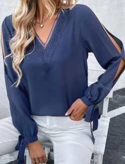 Women's Elegant Lace Tops Eyelet Blouse Stylish Modern Lace Hollow Out Long Sleeve Regular Tops V Neck Work Daily Romantic Petite Tops Summer Holiday Wear Semi Formal Blouses Women Lace Tops