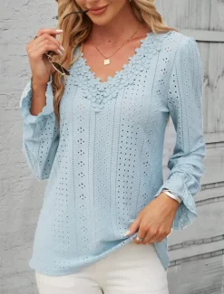 Outlet Women's Elegant Lace Tops Eyelet Blouse Solid Color Lace Eyelet Flutter Sleeve Long Sleeve Regular Tops V Neck Daily Romantic Petite Tops Summer Holiday Wear Pink Blue Purple Green Spring Fall Women Lace Tops