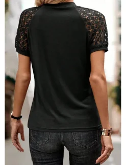 Online Women's Elegant Lace Tops Blouse Army Green Navy Blue Plain Lace Street Daily Fashion Round Neck Regular Fit Black Semi Formal Blouses Women Lace Tops
