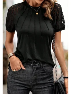 Online Women's Elegant Lace Tops Blouse Army Green Navy Blue Plain Lace Street Daily Fashion Round Neck Regular Fit Black Semi Formal Blouses Women Lace Tops