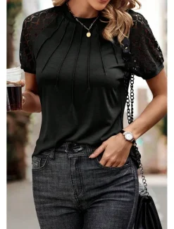 Online Women's Elegant Lace Tops Blouse Army Green Navy Blue Plain Lace Street Daily Fashion Round Neck Regular Fit Black Semi Formal Blouses Women Lace Tops