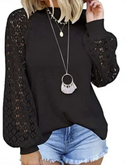 Best Women's Elegant Lace Tops Eyelet Blouse Casual Solid Color Regular Tops Long Sleeve Crew Neck Lace Patchwork Regular Fit Daily Black Beige Gray Romantic Petite Tops Summer Holiday Wear Women Lace Tops