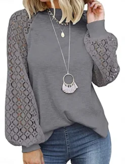 Best Women's Elegant Lace Tops Eyelet Blouse Casual Solid Color Regular Tops Long Sleeve Crew Neck Lace Patchwork Regular Fit Daily Black Beige Gray Romantic Petite Tops Summer Holiday Wear Women Lace Tops