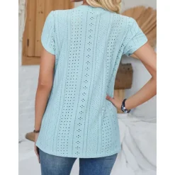 Clearance Women's Elegant Lace Tops Eyelet Blouse Daily Stylish Plain Regular Tops Short Sleeve V Neck Lace Buttons Regular Fit Vacation Daily Romantic Petite Tops Summer Holiday Wear Sage Green White Pink Blue Women Lace Tops