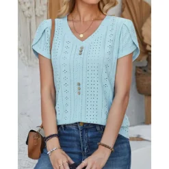 Clearance Women's Elegant Lace Tops Eyelet Blouse Daily Stylish Plain Regular Tops Short Sleeve V Neck Lace Buttons Regular Fit Vacation Daily Romantic Petite Tops Summer Holiday Wear Sage Green White Pink Blue Women Lace Tops