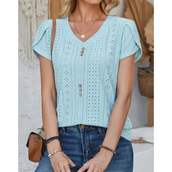 Clearance Women's Elegant Lace Tops Eyelet Blouse Daily Stylish Plain Regular Tops Short Sleeve V Neck Lace Buttons Regular Fit Vacation Daily Romantic Petite Tops Summer Holiday Wear Sage Green White Pink Blue Women Lace Tops