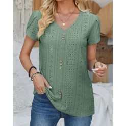 Clearance Women's Elegant Lace Tops Eyelet Blouse Daily Stylish Plain Regular Tops Short Sleeve V Neck Lace Buttons Regular Fit Vacation Daily Romantic Petite Tops Summer Holiday Wear Sage Green White Pink Blue Women Lace Tops
