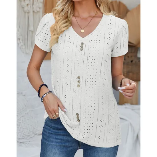 Clearance Women's Elegant Lace Tops Eyelet Blouse Daily Stylish Plain Regular Tops Short Sleeve V Neck Lace Buttons Regular Fit Vacation Daily Romantic Petite Tops Summer Holiday Wear Sage Green White Pink Blue Women Lace Tops