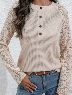 Women's Elegant Lace Tops Eyelet Blouse Solid Color Lace Long Sleeve Regular Tops V Neck Daily Romantic Petite Tops Summer Holiday Wear Black Pink Beige Spring Fall Semi Formal Blouses Women Lace Tops