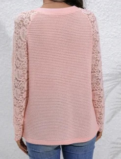 Women's Elegant Lace Tops Eyelet Blouse Solid Color Lace Long Sleeve Regular Tops V Neck Daily Romantic Petite Tops Summer Holiday Wear Black Pink Beige Spring Fall Semi Formal Blouses Women Lace Tops