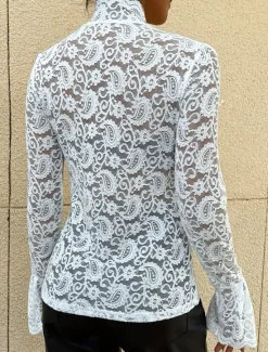 Sale Women's Elegant Lace Tops Eyelet Blouse Black White Pink Plain Sexy Lace Street Daily Fashion Round Regular Fit Bell Sleeve Romantic Petite Tops Summer Holiday Wear Evening Tops Women Lace Tops