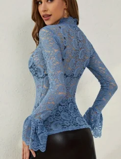 Sale Women's Elegant Lace Tops Eyelet Blouse Black White Pink Plain Sexy Lace Street Daily Fashion Round Regular Fit Bell Sleeve Romantic Petite Tops Summer Holiday Wear Evening Tops Women Lace Tops