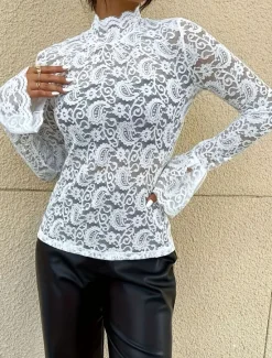 Sale Women's Elegant Lace Tops Eyelet Blouse Black White Pink Plain Sexy Lace Street Daily Fashion Round Regular Fit Bell Sleeve Romantic Petite Tops Summer Holiday Wear Evening Tops Women Lace Tops