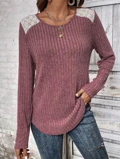 Hot Women's Elegant Lace Tops Eyelet Blouse Casual Solid Color Regular Tops Long Sleeve Crew Neck Lace Patchwork Regular Fit Daily Red Gray Romantic Petite Tops Summer Holiday Wear Women Lace Tops