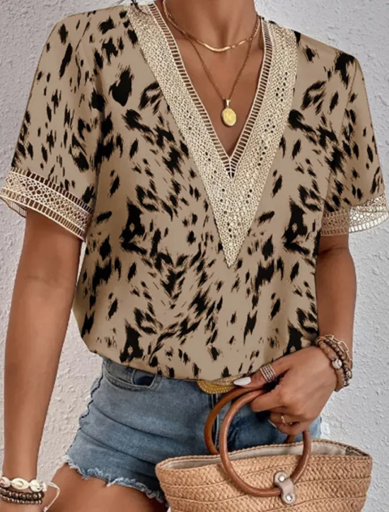 Discount Women's Elegant Lace Tops Eyelet Blouse Lace Top Work Going out Vintage Stylish Short Sleeve Romantic Petite Tops Summer Holiday Wear Blue Summer Spring Women Lace Tops