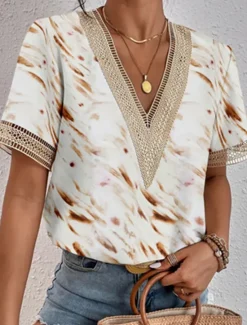 Discount Women's Elegant Lace Tops Eyelet Blouse Lace Top Work Going out Vintage Stylish Short Sleeve Romantic Petite Tops Summer Holiday Wear Blue Summer Spring Women Lace Tops
