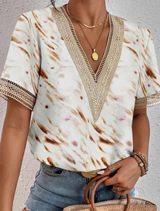 Discount Women's Elegant Lace Tops Eyelet Blouse Lace Top Work Going out Vintage Stylish Short Sleeve Romantic Petite Tops Summer Holiday Wear Blue Summer Spring Women Lace Tops