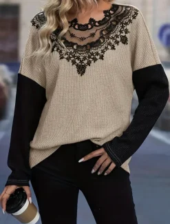 Women's Elegant Lace Tops Eyelet Blouse Fashion Modern Casual Plain Regular Tops Long Sleeve Crew Neck Regular Fit Daily Weekend Romantic Petite Tops Summer Holiday Wear Fall Winter Women Lace Tops