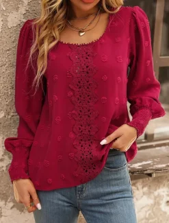 Best Women's Elegant Lace Tops Eyelet Blouse Casual Solid Color Regular Tops Long Sleeve Crew Neck Lace Patchwork Regular Fit Daily Romantic Petite Tops Summer Holiday Wear Women Lace Tops