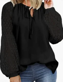Women's Elegant Lace Tops Eyelet Blouse Casual Solid Color Regular Tops Long Sleeve Crew Neck Lace Patchwork Regular Fit Daily Black Pink Wine Romantic Petite Tops Summer Holiday Wear Women Lace Tops