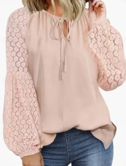 Women's Elegant Lace Tops Eyelet Blouse Casual Solid Color Regular Tops Long Sleeve Crew Neck Lace Patchwork Regular Fit Daily Black Pink Wine Romantic Petite Tops Summer Holiday Wear Women Lace Tops