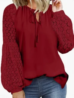 Women's Elegant Lace Tops Eyelet Blouse Casual Solid Color Regular Tops Long Sleeve Crew Neck Lace Patchwork Regular Fit Daily Black Pink Wine Romantic Petite Tops Summer Holiday Wear Women Lace Tops