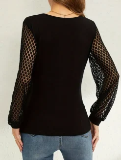 Online Women's Elegant Lace Tops Eyelet Blouse Sexy Modern Plain Regular Tops Long Sleeve V Neck Patchwork Cut Out Regular Fit Daily Weekend Romantic Petite Tops Summer Holiday Wear Fall Evening Tops Women Lace Tops