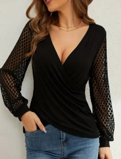Online Women's Elegant Lace Tops Eyelet Blouse Sexy Modern Plain Regular Tops Long Sleeve V Neck Patchwork Cut Out Regular Fit Daily Weekend Romantic Petite Tops Summer Holiday Wear Fall Evening Tops Women Lace Tops