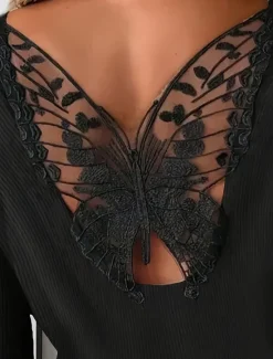 Hot Women's Elegant Lace Tops Eyelet Sexy Blouse Casual Solid Color Regular Tops Long Sleeve Crew Neck Lace Patchwork Regular Fit Daily Romantic Petite Tops Summer Holiday Wear Evening Tops Women Lace Tops