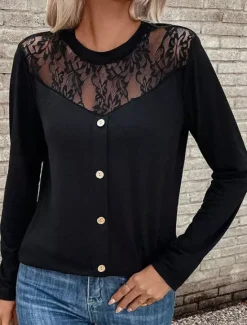 Clearance Women's Elegant Lace Tops Eyelet Sexy Blouse Casual Solid Color Regular Tops Long Sleeve Crew Neck Lace Patchwork Buttons Regular Fit Daily Romantic Petite Tops Summer Holiday Wear Evening Tops Women Lace Tops