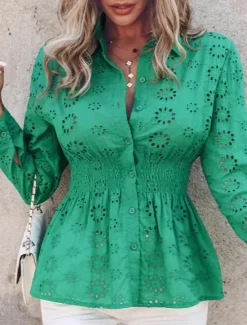 Discount Women's Elegant Lace Tops Eyelet Blouse Casual Solid Color Regular Tops Long Sleeve Shirt Collar Buttons Eyelet Regular Fit Daily Romantic Petite Tops Summer Holiday Wear Women Lace Tops