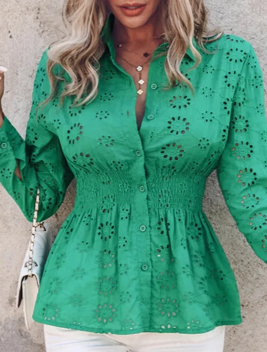 Discount Women's Elegant Lace Tops Eyelet Blouse Casual Solid Color Regular Tops Long Sleeve Shirt Collar Buttons Eyelet Regular Fit Daily Romantic Petite Tops Summer Holiday Wear Women Lace Tops